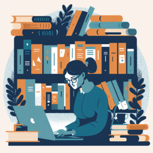 Imagen creada por la Inteligencia Artificial Midjourney a partir de las palabras clave: Imagen de un bibliotecario trabajando en un computador, rodeado de libros en la biblioteca